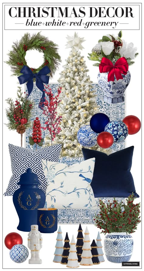 Blue Red White Christmas Tree, Red White Blue Christmas Decor, Christmas Decor Ideas Blue And Red, Navy Couch Christmas Decor, Christmas Decor With Blue Couch, Navy Red Christmas Decor, Blue Wall Christmas Decor, Blue And White Christmas Decor Outdoor, Christmas Decor Screened Porch