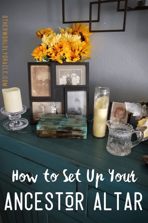 How to set up your own ancestor altar - a step-by-step tutorial + how to maintain it! Ancestral Altar Ideas, Room Cleansing Ritual, Memorial Shrine Ideas, How To Set Up An Altar, Crystal Altar Sacred Space, Alter Ideas Spiritual, Witch Altar Inspiration, Spiritual Altar Ideas, Ancestors Altar