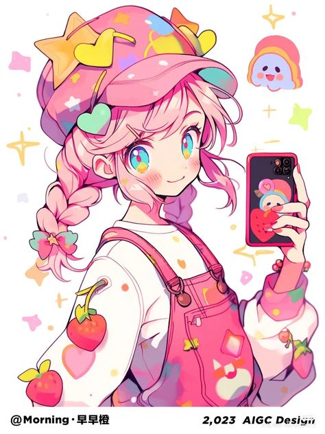 Holding Phone Pose Reference, Holding Phone, Pose Art, Girl With Pink Hair, A Cell, Figure Drawing Reference, Pink Hat, Anime Poses, Character Designs