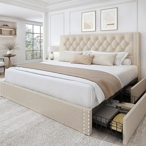 King Size Platform Bed Frame with 4 Storage Drawers and Headboard Linen Upholstered Bed Frame Tufted Beds with Wood Slats Support, Easy Assembly, Noise-Free, Beige

#homedesign #homedecor #housedesign #housedecor #room #roomdecor #roomdesign #interior #design #home #house #furniture #decor #bedroom #kitchen #livingroom Master Bed With Storage Underneath, Neutral Bedroom Furniture Sets, Bedroom Sets Furniture Queen Luxe, Bedroom Set With Storage, Queen Suze Bed, Queen Bed With Drawers Underneath, Queen Bedframe With Storage, Tufted King Bed Master Bedrooms, Master Bedrooms Decor King Bed