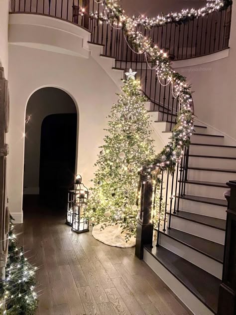 New Entryway Christmas Decor - My Texas House Christmas Decor Big House, Christmas Tree Under Stairs, Curved Staircase Christmas Decor, Entry Way Christmas Trees, Christmas Tree In Foyer Entryway, Christmas Decor Foyer Entryway, Spiral Staircase Christmas Decor, Entryway Christmas Decor Ideas, Entryway Christmas Tree