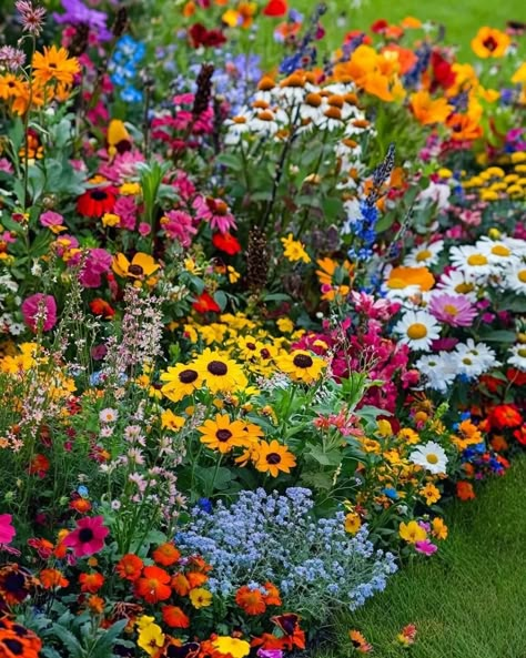 Wildflowers Front Of House, Wildflower Mix Garden, Flower Garden At Home, Flower Garden Cottagecore, Wildflowers In Backyard, Flowerbed Aesthetic, At Home Flower Garden, Wildflower Container Garden, Flower Garden Layout Ideas Design