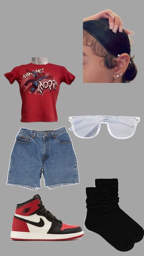 Outfit Ideas With Shorts Summer, Outfits To Take Pictures In, Short Sleeve Outfits For School, Jean Shorts And Jordans Outfit, Fb Game Outfits, Y2k Style Jean Shorts For Summer Streetwear, Sneakers Outfit Aesthetic, How To Style Black Jean Shorts, Cute Soccer Mom Outfits