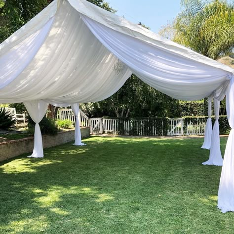 Drape Tent Wedding, Outdoor Venue Decorations, Outdoor Wedding Coverage, Party Tent Draping Ideas, Backyard Draping Ideas, Backyard Wedding Canopy, Wedding Canopy Outdoor Draping, Canopy Wedding Decor Tent, Tent Decor For Wedding