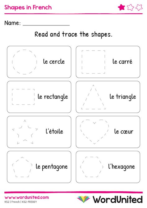 Differentiated for all abilities, these worksheets are a fantastic way for children to not only practice their shape vocabulary, but also encourage the development of fine-motor skills when tracing and drawing the various shapes.  Includes answer sheet. Supports the following areas of learning within Key Stage 2: Languages and Numeracy. Shapes In French, French Kindergarten Worksheets, French Weather Worksheets, French Worksheets For Kindergarten, French Alphabet Worksheets, French Lessons For Kids, French Activities For Preschoolers, French Kindergarten Activities, French Activities For Kids