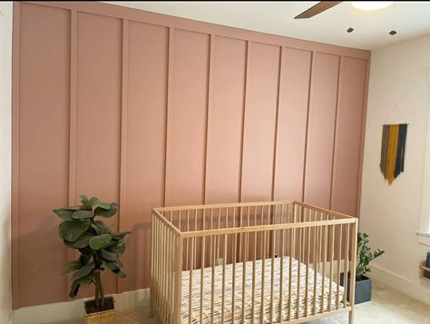 Vertical Board And Batten Wall Nursery, Batten Board Nursery Wall, Boho Nursery Board And Batten, Board And Batten Pink Wall, Board And Batten Wall With Shelves, Board And Batten Full Wall Nursery, Batten Board Designs, Pink Batten Wall, Nursery Accent Wall Board And Batten