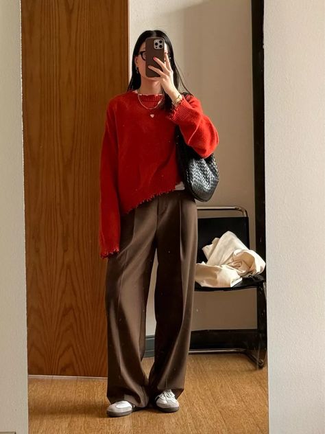 cationz on LTK Brown Trousers Outfit, Red Sweater Outfit, Brown Pants Outfit, Winter Pants Outfit, Modesty Outfits, Look Formal, Work Fits, Brown Outfit, Easy Trendy Outfits