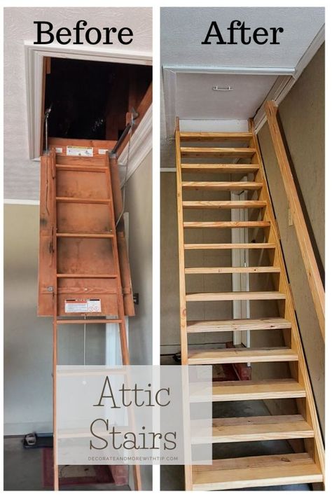 BEFORE AND AFTER ATTIC STAIRS - Decorate with Tip and More Loft In Attic Space, Bedroom Stairs To Attic, Diy Stairs To Attic, Pull Down Attic Stairs With Railing, Build Stairs To Attic, Building Stairs To Attic, Stairs To Attic In Garage, Attic Stairway Ideas, How To Turn Attic Into Living Space