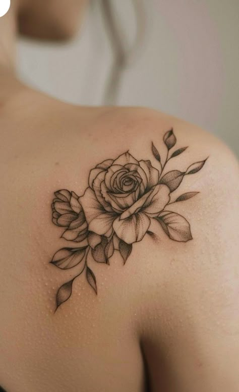 Rose Tattoo For Daughter, Rose Tattoos For Women Shoulder, Flower Tattoo On Back Shoulder, Flower Patchwork Sleeve, Tattoos Shoulder Women, Collar Bone Tattoo Cover Up, Rose Floral Tattoo Design, Back Shoulder Tattoo Women, Shoulder Back Tattoos For Women