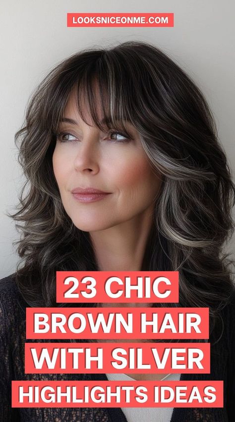 Stay on trend with brown hair and silver highlights, a perfect mix of natural tones and metallic accents! These 5 ideas are versatile and flattering, making them a great choice for any age or style preference. #TrendyHair #SilverOnBrown #AgeDefying Best Hair Colors For Greying Hair, Balayage To Blend Gray Hair, Silver Hair Dark Lowlights, Color To Blend Gray Hair Dark Brown, Highlights That Hide Gray Hair, Highlights With Gray Hair Natural, Brown Eyes Grey Hair, Gray Blending For Brunettes, Brunette Gray Highlights