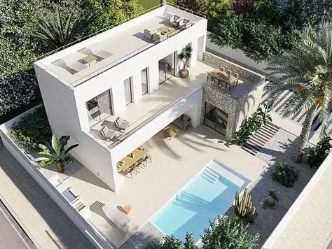 Santorini House, Small Villa, House Design Exterior, Concrete House, Modern Beach House, Beach House Design, House Outside Design, Modern Architecture House, Sanya