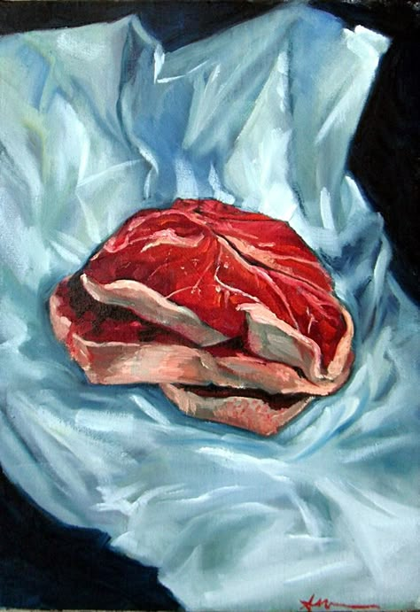 Meat Painting Art, Steak Painting, Meat Reference, Meat Painting, Flesh Core, Meat Art, Meat Board, Igcse Art, Raw Meat