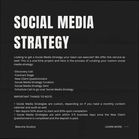 A Guide to Our Services at Blanche Studios Our Social Media Marketing Agency offers the following services: + Full-Service Social Media Management + Content Creation + Social Media Strategy & Audits + Custom Content Calendars + Monthly Strategy Calls Swipe to see more information about the services Volume One Studios offers If you have any further questions or you're ready to work with us, click the in our bio. We can't wait to meet you! #socialmediamarketingagency #socialmediamarketingm... Creative Strategy, Marketing Agency Social Media, Social Media Management Business, Agency Social Media, Social Media Content Strategy, Social Media Agency, Social Media Strategist, Social Media Advertising Design, Business Automation