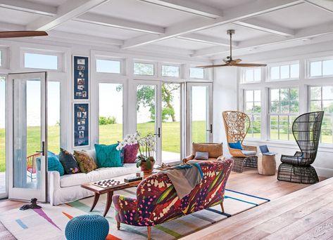 Three Season Room Ideas, Three Seasons Room, Season Room Ideas, Room Flooring Ideas, Box Ceiling, Design Diy Ideas, Island Beach House, Three Season Room, Bohemian Living Rooms