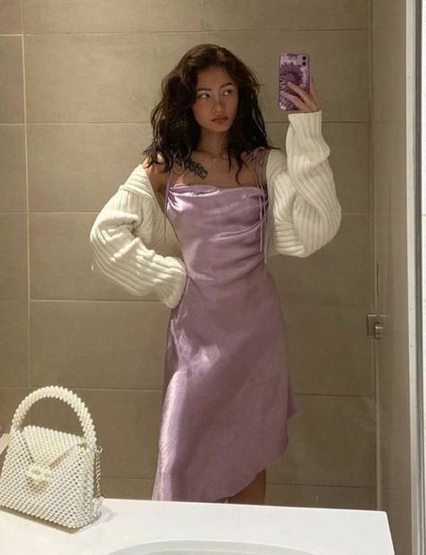 valentines day outfit, date night inspiration, purple satin maxi dress, cream sweater bolero, pearl handbag purse, cottage girl styling, coquette, soft girl, Outfit ideas, outfits, outfits aesthetic, outfit ideas summer, outfit inspirations, outfits for school, outfit ideas for school, outfit ideas party night, outfit inspo for school, ootd, ootd winter, fashion outfits, fashion, fashion killa, fashion dresses, inspo outfit, fits for school, fit inspo, sweater outfits, sweater outfits men, sweat Pastel Fits, Midi Prom Dress, Classic Prom Dress, Streetwear Dress, Fashion Bella, Dream Dresses, Purple Outfits, Looks Street Style, Purple Silk