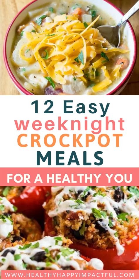 12 weeknight crockpot meals for a healthy you! Easy options to set it and forget it! Healthy dinners all week for families and pleasing meals for kids. Some budget-friendly, chicken, and beef ideas as well. #healthycrockpotmeals #weeknightdinners #crockpot #slowcooker #crockpotdinners Crockpot Dinners Healthy, Dinners Healthy, Easy Crockpot Dinners, Crockpot Dinners, Crockpot Cooking, Think Food, Slow Cooker Meals, Recipes Slow Cooker, Health Dinner Recipes