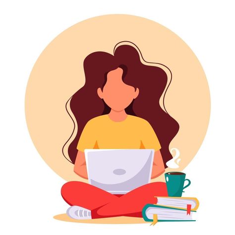 Woman working on laptop. Freelance, remote working, online studying, work from home. Vector illustration. Woman Working On Laptop, Home Vector, Working On Laptop, Remote Working, Working Online, Work From Home, From Home, Vector Illustration, Laptop