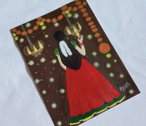 Diwali Fabric Painting, Diwali Girl Drawing, Easy Diwali Drawing, Diwali Painting Canvas, Drawing On Diwali, Deepavali Drawing, Diwali Drawing Painting, Diwali Art Painting, Diwali Drawing Painting Ideas