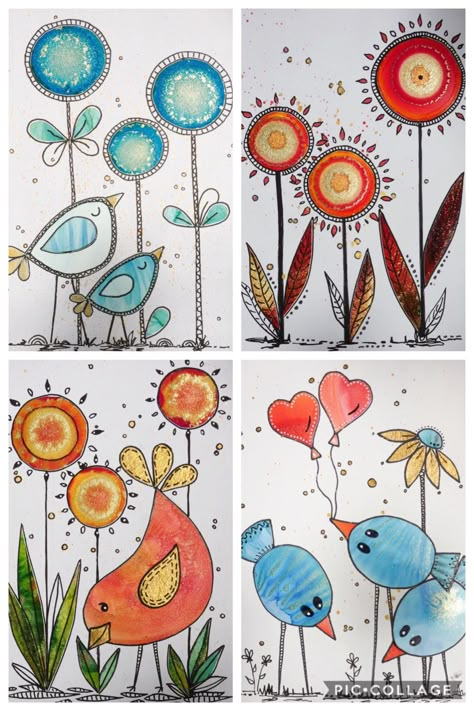 Cute Painted Flowers Simple, Sketchbook Art Inspiration Easy Flowers, Whimsical Flower Painting, Easy Whimsical Drawings, Whimsy Art Ideas, Painted Doodles, Zentangle Art Flowers, Bird Doodles, Doodle Birds