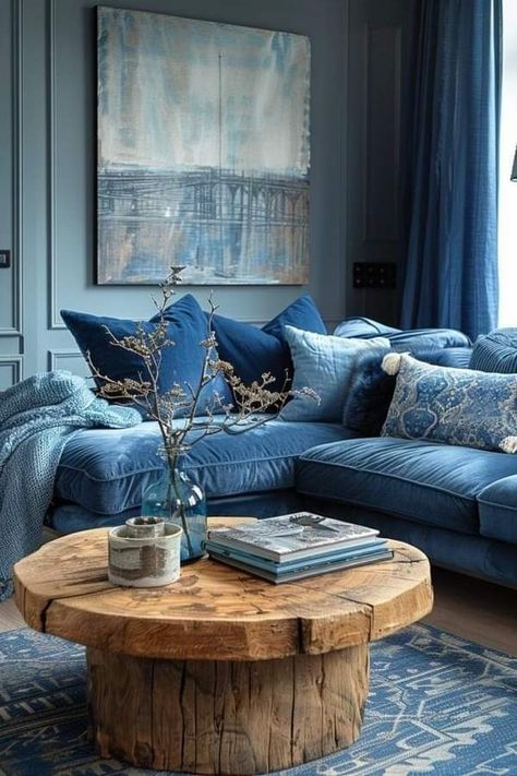 Blue Boho Living Room, Blue Sofa Living, Bohemian Elements, Blue Living Room Decor, Hallway Designs, Boho Interiors, Tones Of Blue, Coastal Living Room, Blue Home Decor