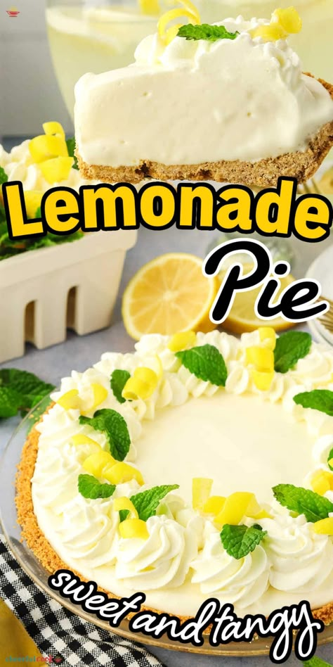 Indulge in the refreshing and creamy delight of Lemonade Pie, a perfect blend of tangy lemonade and sweet condensed milk in a crisp graham cracker crust, ready in just 10 minutes. No-bake and effortlessly elegant, this pie is your go-to summer dessert. #CheerfulCook #lemonadepie #nobake #nobakedessert #condensedmilk #coolwhip #easydessert #lemondessert ♡ cheerfulcook.com Lemon Pie Recipe Condensed Milk, Easy Lemon Icebox Pie, Frozen Lemonade Pie, Lemonade Pie Recipe, No Bake Lemon Pie, Lemon Sponge Cake, Icebox Desserts, Lemon Icebox Pie, Lemonade Pie