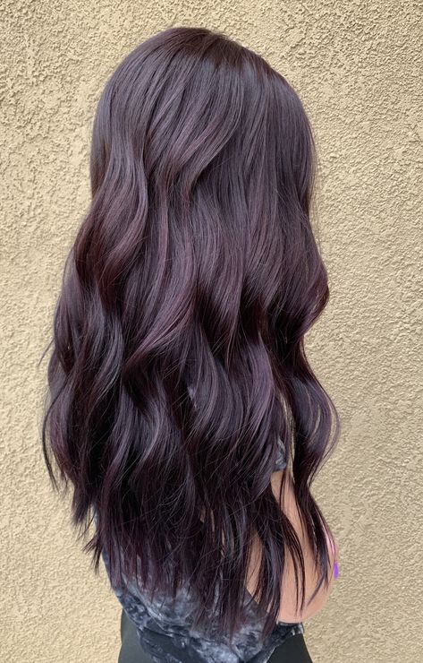 Dark Hair Color With Purple Tint, Violet Brown Hair Color Brunettes, Dark Purple Brunette Hair, Dark Chocolate Violet Hair, Dark Brown Purple Tint Hair, Violet Chocolate Brown Hair, Violet Tinted Hair, Villain Era Hair Color, Darker Purple Hair