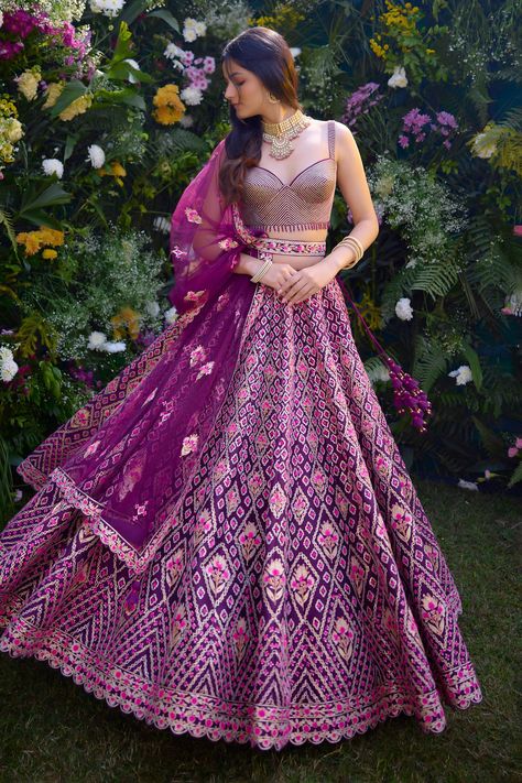 Buy Purple Raw Silk Embroidered Gota And Thread Blouse Lehenga Set For Women by Shyam Narayan Prasad Online at Aza Fashions. Pink Purple Lehenga, Purple And Pink Lehenga, Traditional Silk Lehenga Designs, Purple Wedding Lehenga, Purple Lehenga, Brothers Wedding, Kurta Lehenga, Blouse Lehenga, Lehenga Crop Top