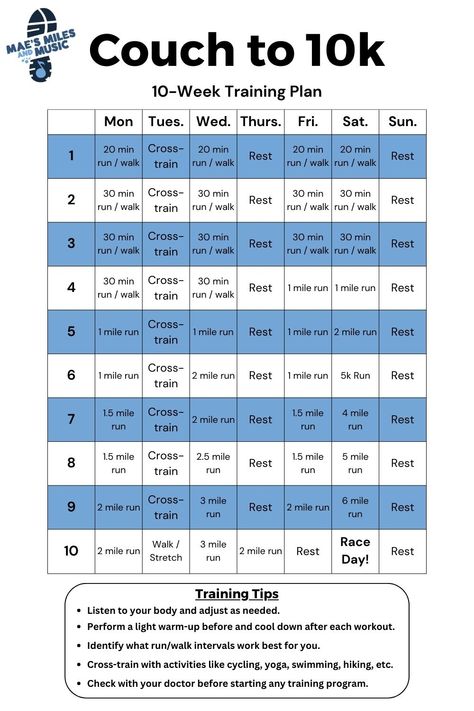 A couch to 10k training plan that spans ten weeks and provides insight each day. Walking/running, cross training, and resting are all important parts of this training schedule for beginner runners. 10 Week Running Plan, 10 K Running Plan For Beginners, Run 10k Training Plan, Running Program 10k, Running 10k Plan, 10k Training Schedule 10 Week, 10 Week 10k Training Plan, 6k Training Plan, How To Train For A 10 Mile Race