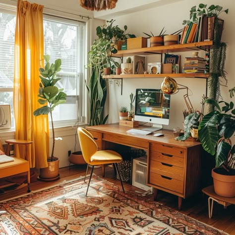 Mid Century Desk Decor, Mid Century Modern Boho Office, Relaxing Home Office Ideas, Home Office Aesthetic Cozy, Mid Century Home Office Ideas, Mid Century Boho Office, 70s Aesthetic Office, Yellow Home Office Ideas, Midcentury Home Office