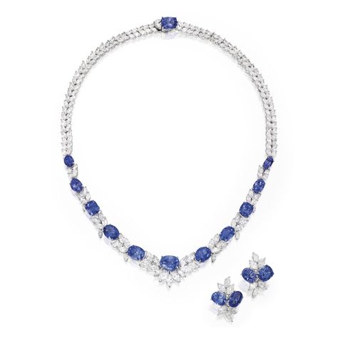 Platinum, Sapphire and Diamond Necklace and Earrings. The necklace and earrings set with 15 oval and cushion-cut sapphires weighing 53.72 ca... Luxury Sapphire Diamond Necklaces, Sapphire Diamond-cut Diamond Necklace, Exquisite Luxury Sapphire Necklace, Luxury Sapphire Necklace Hallmarked, Luxury Exquisite Sapphire Necklace, Blue Diamond Necklace, Diamond Heart Pendant Necklace, Blue Sapphire Necklace, Tiaras Jewellery