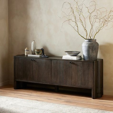 Shop Sylvie Sideboard | Burke Decor Dark Wood Sideboard, Modern Entertainment Center, Black Sideboard, Large Sideboard, Fluid Design, Fabric Sectional, Amber Interiors, Cabinet Shelving, Oak Veneer