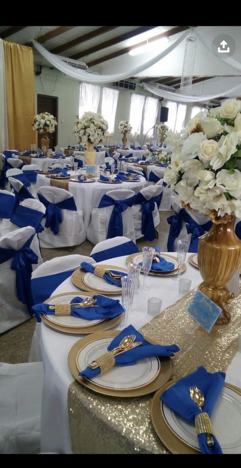 Royal Blue Gold And Silver Party Decor, Royal Wedding Theme Ideas, Royal Blue And Gold Wedding Decorations, Royal Blue Centerpieces Quinceanera, Royal Blue And Gold Wedding Theme, Royal Blue Quinceanera Decorations, Royal Blue Quince Theme, Blue And White Wedding Reception, Royal Blue Quinceanera Theme