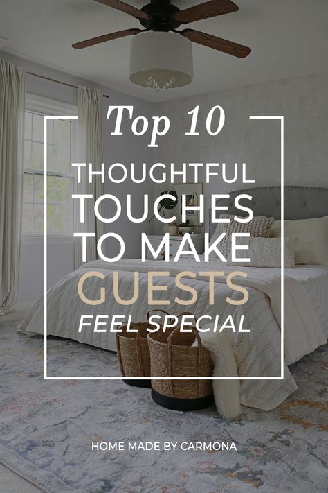 Be the hostess with the mostess with these 10 thoughtful touches to make your guest feel welcome! | Home Made by Carmona #welcomeguests #hosting #overnightguest #guestready Overnight Guest Ideas, How To Make A Guest Room Welcoming, How To Be A Good Hostess House Guests, Hosting Ideas House Guests, Hosting House Guests, Guest Ideas Welcome, Hosting Weekend Guests, Welcome Ideas For Guests, Guest Visiting Ideas