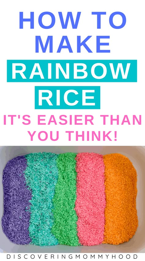 How to Make a Rainbow Rice Sensory Bin - Discovering Mommyhood Rainbow Rice Sensory Bin, Rainbow Sensory Bottles, Korean Worksheets, Themed Sensory Bins, Rice Sensory Bin, Sensory Bin For Toddlers, Making A Rainbow, Sensory Bins For Toddlers, Sensory Bin Activities