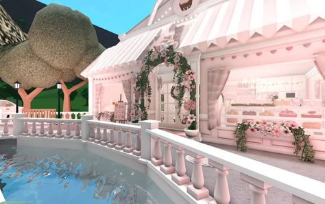 MINE! - #bloxburg #blush #bakery #pink decal: "pink menu" on bloxburg search. cupcake decal: ask for id Blush Bakery Bloxburg, Pink Cafe Bloxburg Decals, Cafe And House Bloxburg, Bloxburg Pink Cafe Interior, Bloxburg Tea Party, Blush Town Bloxburg, Coquette Exterior Bloxburg, Pastel Cafe Bloxburg, Pink Cottage Bloxburg