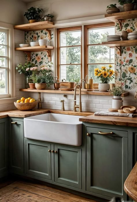 Old Time Kitchen Ideas, Green House Design Interior, Update A Small Kitchen, Cozy Farm Kitchen, Homey Kitchen Aesthetic, Kitchen Color Inspiration, Kitchen Ideas Dark Wood, Southern Kitchen Design, Italian Kitchen Aesthetic