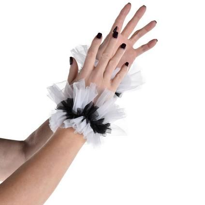 Perfect for a gothic look creepy clown or even a unique twist on the classic French maid costume these black and white twisted tulle wrist cuffs are sure to impress. The elastic band means one size fits most comfortably all night. Adult White Tulle Clown Cuffs product details:  1 pair per package Polyester and nylon One size fits most  Care Instructions:  Hand wash cold Do not bleach or iron Line dry Circus Halloween Costumes, Dark Angel Costume, Black And White Clown, Clown Costume Women, Clown Collar, Clown Accessories, Pierrot Clown, Creepy Costumes, Black Ruffle Top