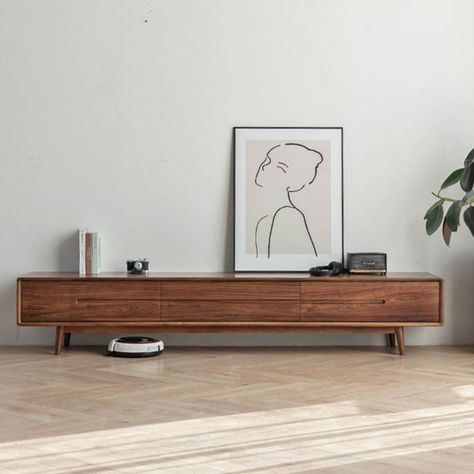 POT HALL 82.68'' Media Console | Wayfair Walnut Tv Cabinet, Retro Tv Stand, Credenza Wood, Walnut Tv Stand, Minimalistic Interior, Living Room Tv Cabinet, Solid Wood Tv Stand, Wood Tv, Rectangle Dining Table