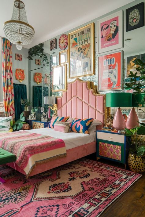 maximalist decor ideas Colorful Floral Bedroom, Maximalist And Minimalist Decor, Colourful Spare Room, Maximalist Bedroom Design, Glam Maximalist Decor, Funky Apartment Bedroom, Quirky Bedroom Aesthetic, Maximalist Bedroom Decor Ideas, Colorful Maximalist Bedroom Aesthetic