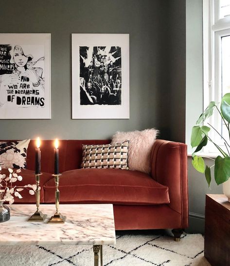 Burnt orange velvet sofa, pink marble coffee table, Beni Ourain rug, Farrow & Ball Pigeon walls Rust Lounge Decor, Rust Sofa, Orange Velvet Sofa, Burnt Orange Living Room, Velvet Sofa Living Room, Sofa Living Room Ideas, Burnt Orange Velvet, Victorian Living Room, Vibrant Living Room