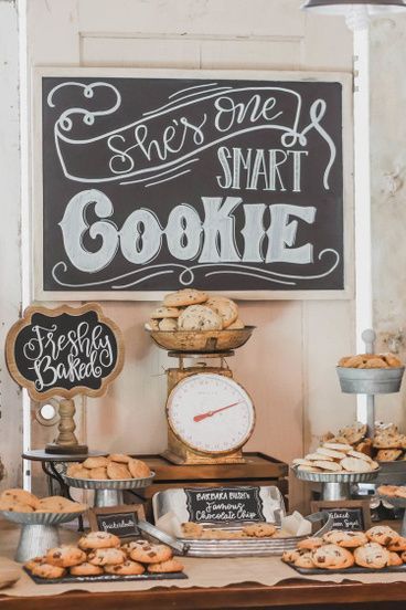 Hand lettered chalkboard signs were the perfect party decoration detail at this One Smart Cookie Graduation Party Freshly Baked Cookie Bar with vintage and rustic touches. Get details and more grad party inspiration now at www.minteventdesign.com! Cookie Bar Graduation Party, One Smart Cookie Bar, One Smart Cookie Graduation Party, Smart Cookie Graduation Party, Cookie Graduation Party, Cookie Bar Ideas, Grad Party Theme, Graduation Party Desserts, High School Graduation Party Decorations