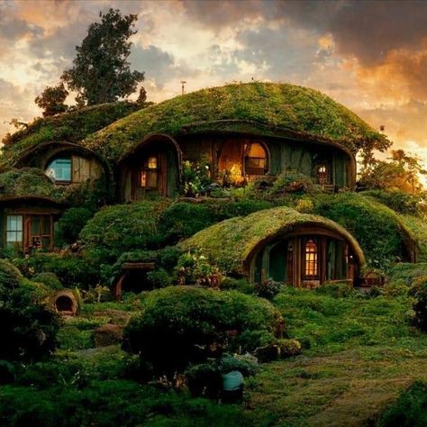 Hobbithole Hobbit Houses, Hobbit House Lord Of The Rings, Rounded House Architecture, Lord Of The Rings Hobbit House, Hobbit House Exterior, Hobbit House Concept Art, Mossy Houses, Hobbit Style House, Modern Hobbit House