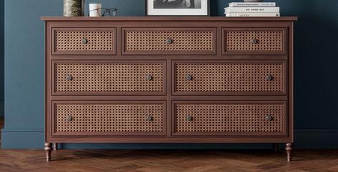 Dark Rattan Furniture, Dark Wood Chest Of Drawers, Rattan Chest Of Drawers, Colonial Style Bedroom, Traditional Chest Of Drawers, Dark Wood Dresser, Rattan Drawers, Shoe Rack With Seat, Rattan Bedroom