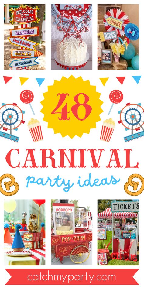 Planning a carnival-themed party? You've come to the right place. We've just rounded up 48 fun carnival party ideas, jam-packed with fantastic suggestions and lots of inspiration! Country Carnival Party, Fun Fair Birthday Party, Circus Theme Birthday Party Games, Candy Carnival Party, Carnival Theme Staff Appreciation, Carnival Theme Post Prom, Food For Carnival Themed Party, Hats Off To You Theme Party Ideas, School Fun Fair Ideas