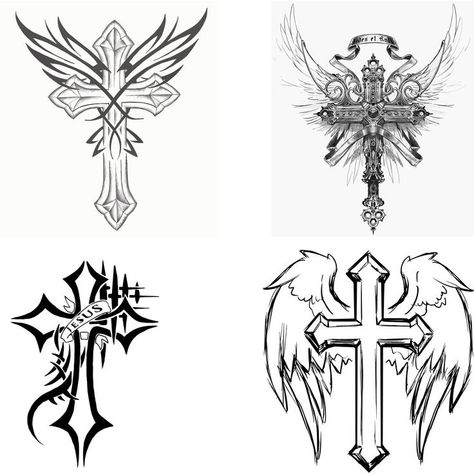 Cross Stencils Printables, Crucifix Drawing, Angel Wings Folded, Cross Stencil, Cross With Wings Tattoo, Cross With Wings, Cross Silhouette, Cross Clipart, Cross Drawing