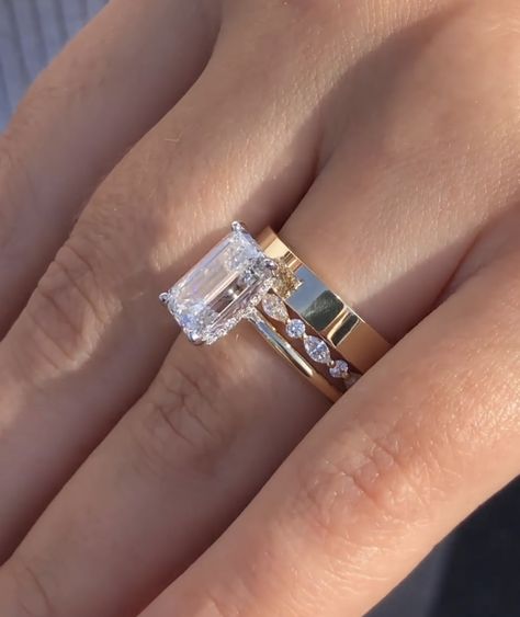 Band With Emerald Cut Engagement Ring, Emerald Ring And Wedding Band, Radiant Engagement Ring With Thick Band, Radiant Wedding Stack, Emerald Solitaire With Wedding Band, Wedding Band Stack Ideas Emerald Cut, Emerald Wedding Stack, Emerald Wedding Ring Stack, Radiant Cut Engagement Ring Stack