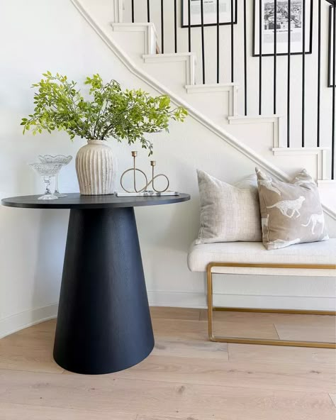 The perfect small round entryway table or dining table! Back in stock and on sale! Rounded Stairs Entryway, Hallway Table Round, Entryway Decor Round Table, Round Entry Way Ideas, Small Round Entryway Table, Pedestal Table Entryway, Entry With Round Table, Small Round Entry Table, Round Entryway Table Decor