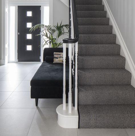 Stair And Hallway Carpet Ideas, Carpet Wall To Wall, Stair Carpet Ideas, Stairway Carpet, Carpeted Stairs, Black Stairs, Carpet Wall, Stair Rods, Work Decor