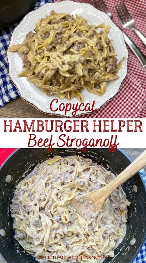 Copycat Homemade Hamburger Helper beef stroganoff is a hearty one-pot skillet pasta meal that the whole family will love. It's an easy recipe that you will want to add to your weekly rotation of meals. Hamburger Supper Ideas Ground Beef, Copycat Hamburger Helper Beef Stroganoff, Ground Beef Stroganoff Recipe Homemade Hamburger Helper, Hamburger Stroganoff With Cream Cheese, Creamy Hamburger Helper, Hamburger Helper Copycat Recipes, Diy Hamburger Helper Stroganoff, Hamburger Helper Stroganoff Homemade, Homemade Hamburger Stroganoff