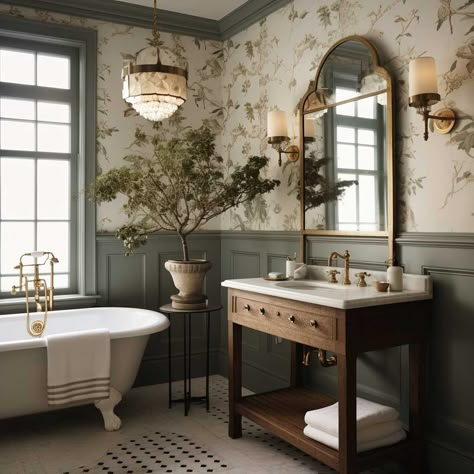 Bathroom Inspirations Farmhouse, Old English Bathroom Ideas, Small Statement Bathroom, Old House Inspiration, Old World Interior Design Modern, Traditional Interior Design Bathroom, Old House Decorating Interior Design, Old Home Bathroom, Country Modern Bathroom